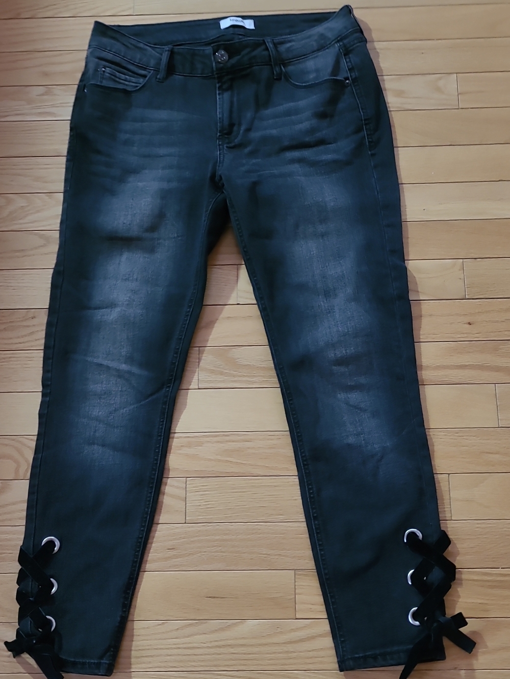 Kensie Black Washed Skinny Jeans with Lace-Up Ankle Detail